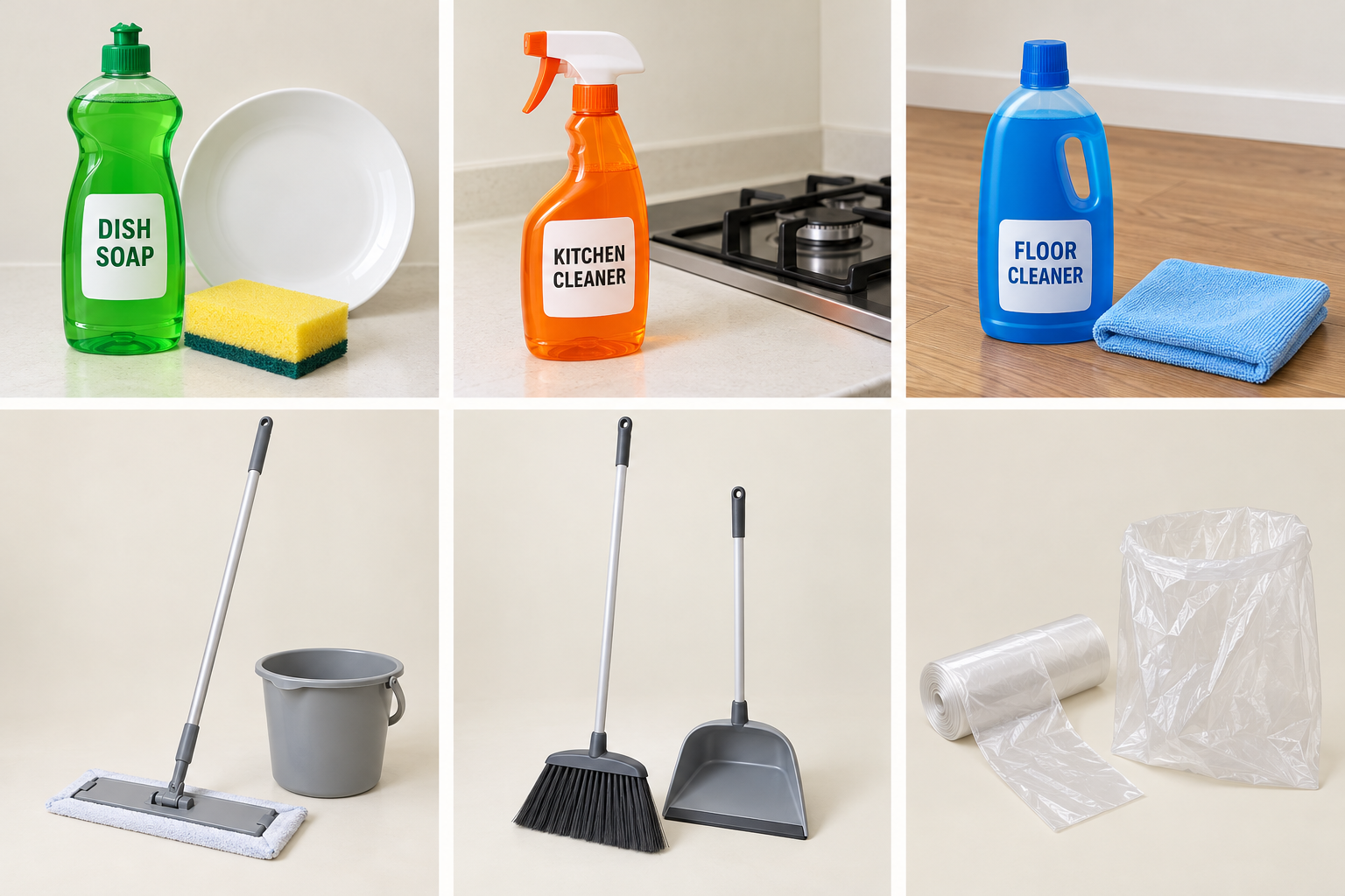 उदाहरणका सफाइ सामान: dish soap र sponge, kitchen cleaner, floor cleaner, mop, broom र dustpan, clear garbage bags